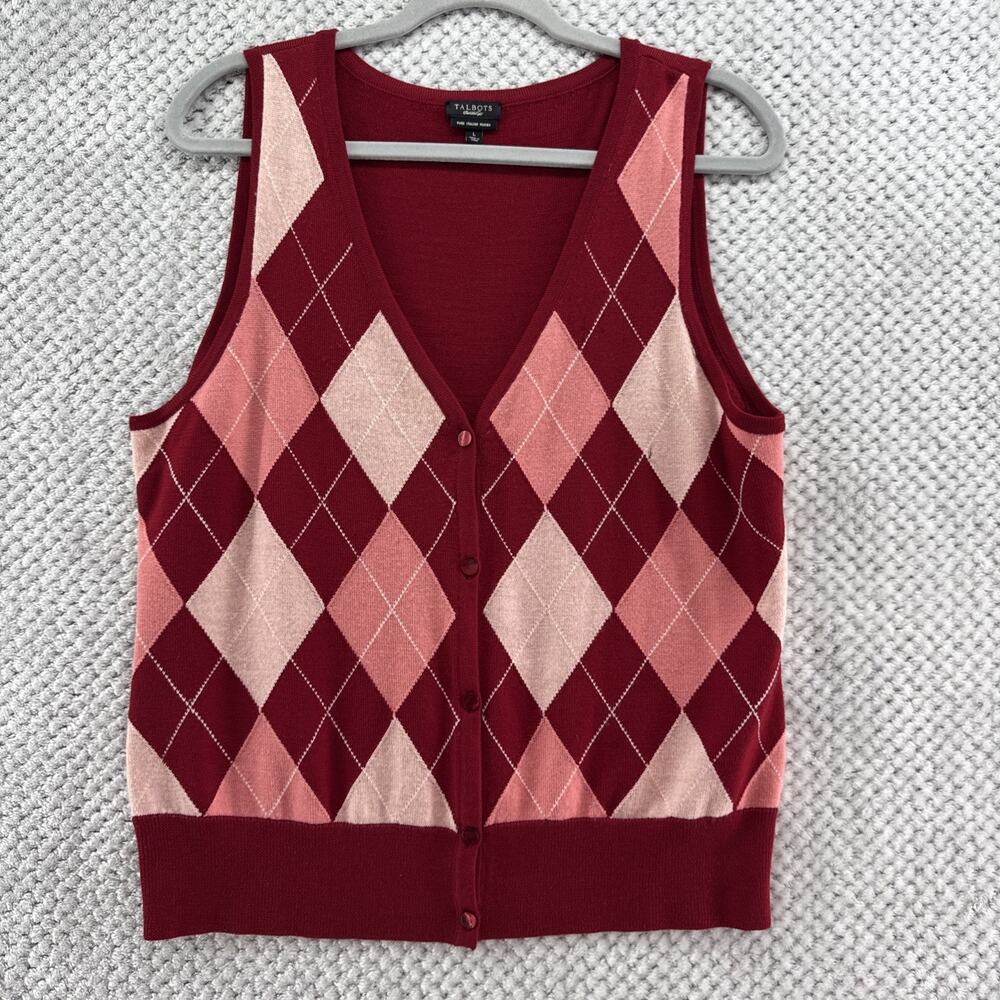 Talbots Sweater Vest Womens L Red Pink Merino Wool Argyle V-Neck Academia Preppy